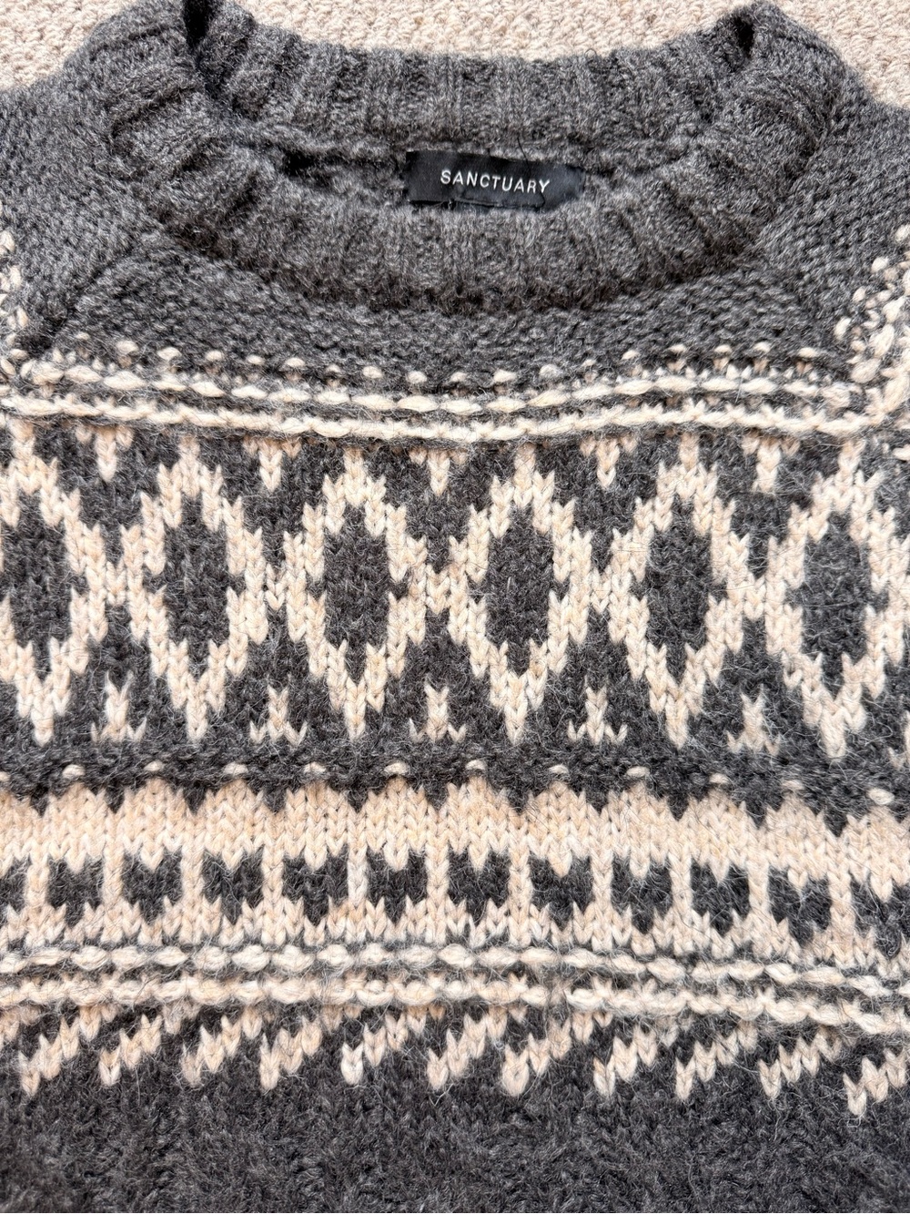 Sanctuary Cozy Fair Isle Knit Sweater in Charcoal & Cream EUC - Picture 3 of 10